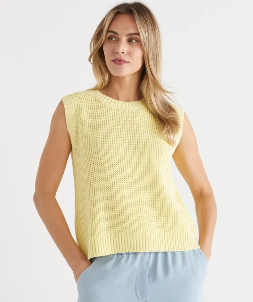 Sussan Tops|Knitwear>Back Button Tuck Stitch Knit Vest