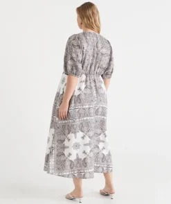 Sussan Dresses|Matching Sets>Bandana Print V Neck Short Sleeve Midi Linen Dress