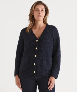 Sussan Knitwear|Knit Cardigans>Boucle Longline V Neck Cardigan -