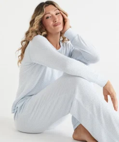 Sussan Pyjama Bottoms>Brushed Wide Leg Stripe Pyjama Pant - Blue