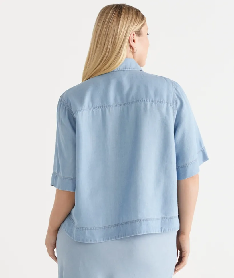 Sussan Tops|Matching Sets>Chambray Boxy Short Sleeve Shirt