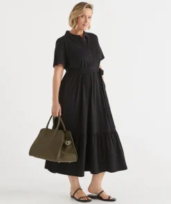 Sussan Dresses>Collared Jersey Short Sleeve Midi Dress