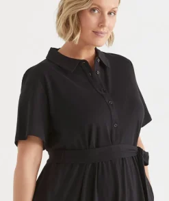Sussan Dresses>Collared Jersey Short Sleeve Midi Dress