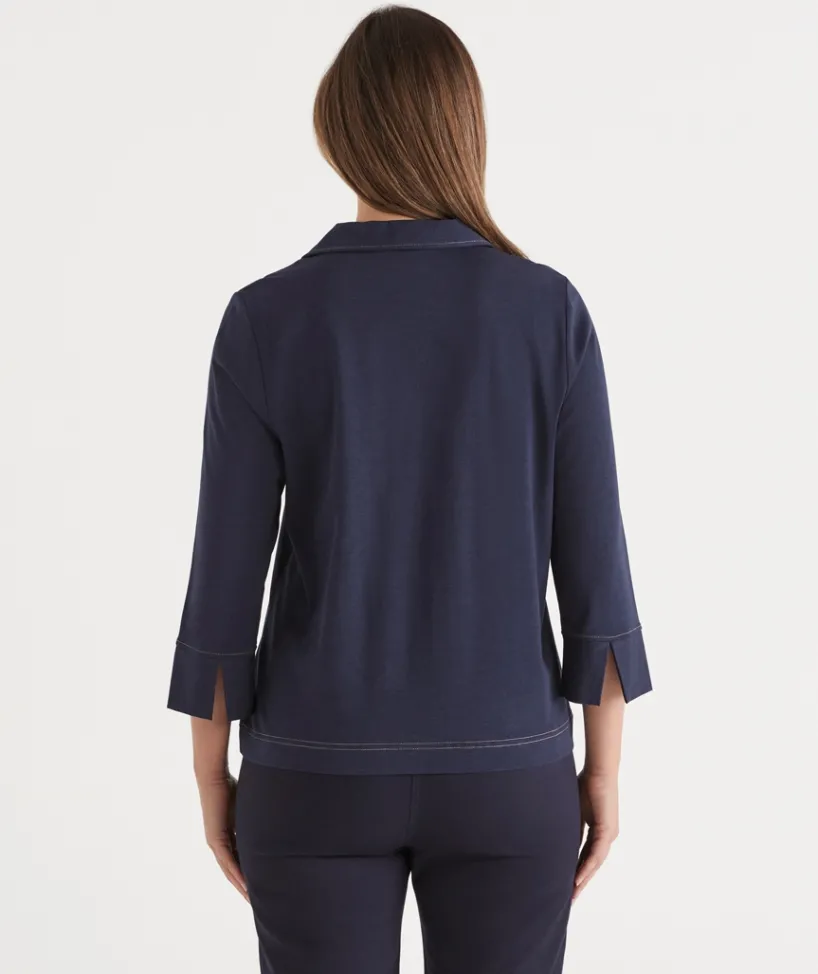 Sussan Tops>Contrast Stitch Collared 3/4 Sleeve Top
