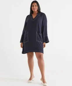 Sussan Dresses>Contrast Stitch Collared Popover Dress