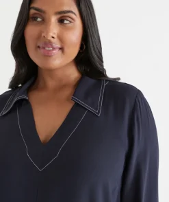 Sussan Dresses>Contrast Stitch Collared Popover Dress