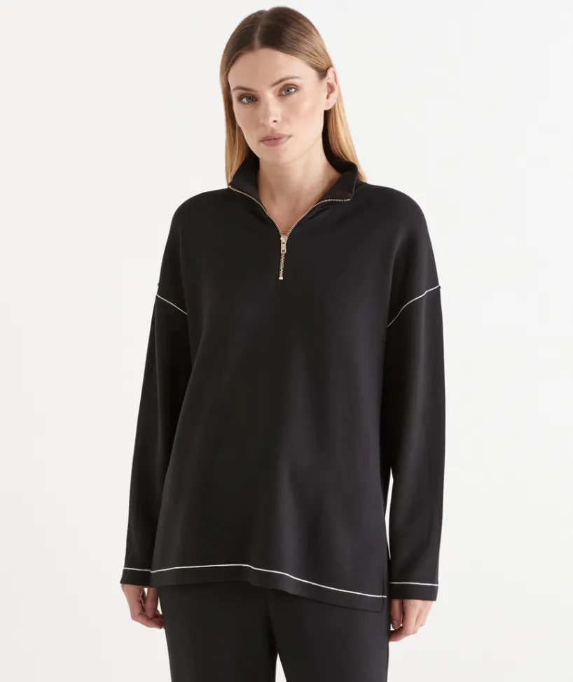 Sussan Matching Sets|Tops>Contrast Stitch Quarter-Zip Jumper