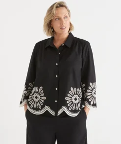 Sussan Tops|Shirts & Blouses>Embroidered Scallop Hem Shirt -
