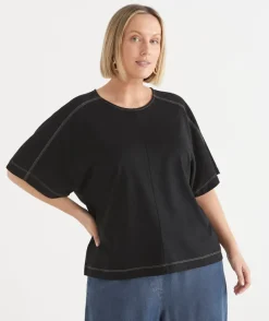 Sussan Tops|T-Shirts>Extended Shoulder Contrast Stitch Top