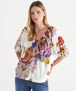 Sussan Tops>Floral Bloom V Neck Ruched Top