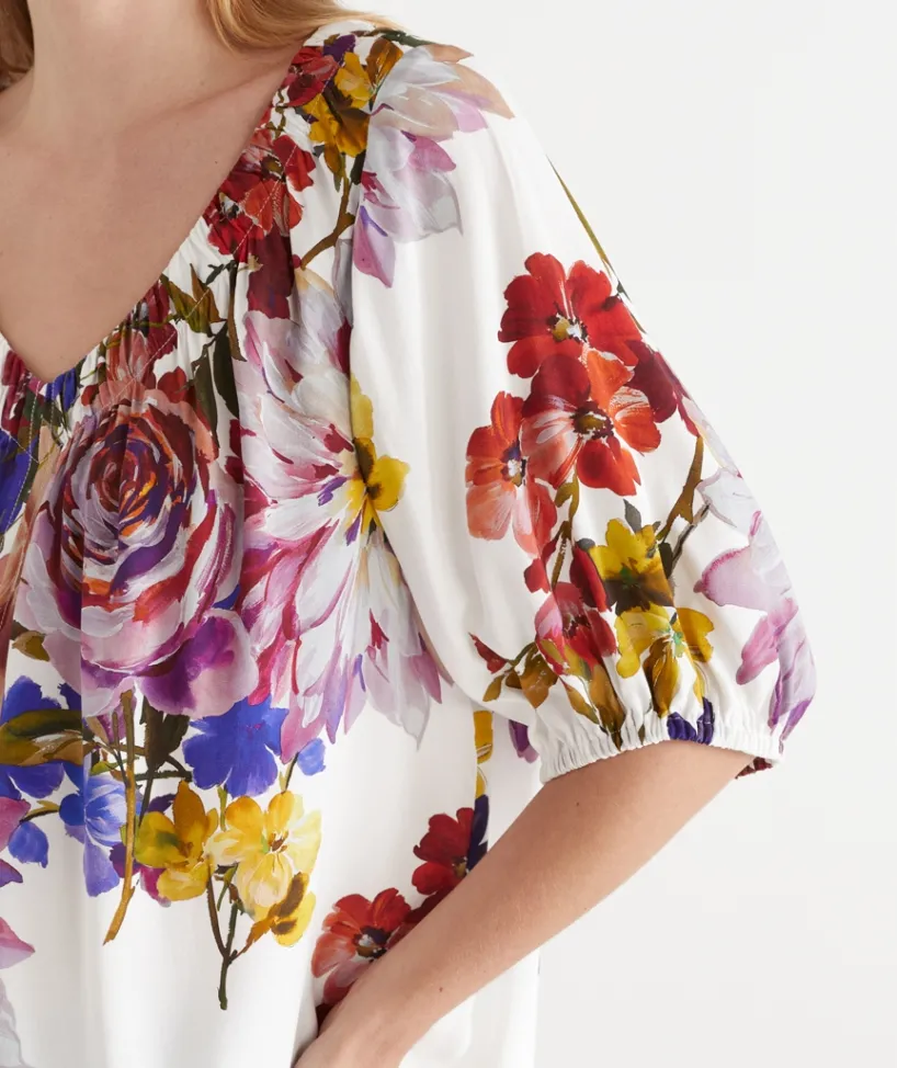 Sussan Tops>Floral Bloom V Neck Ruched Top