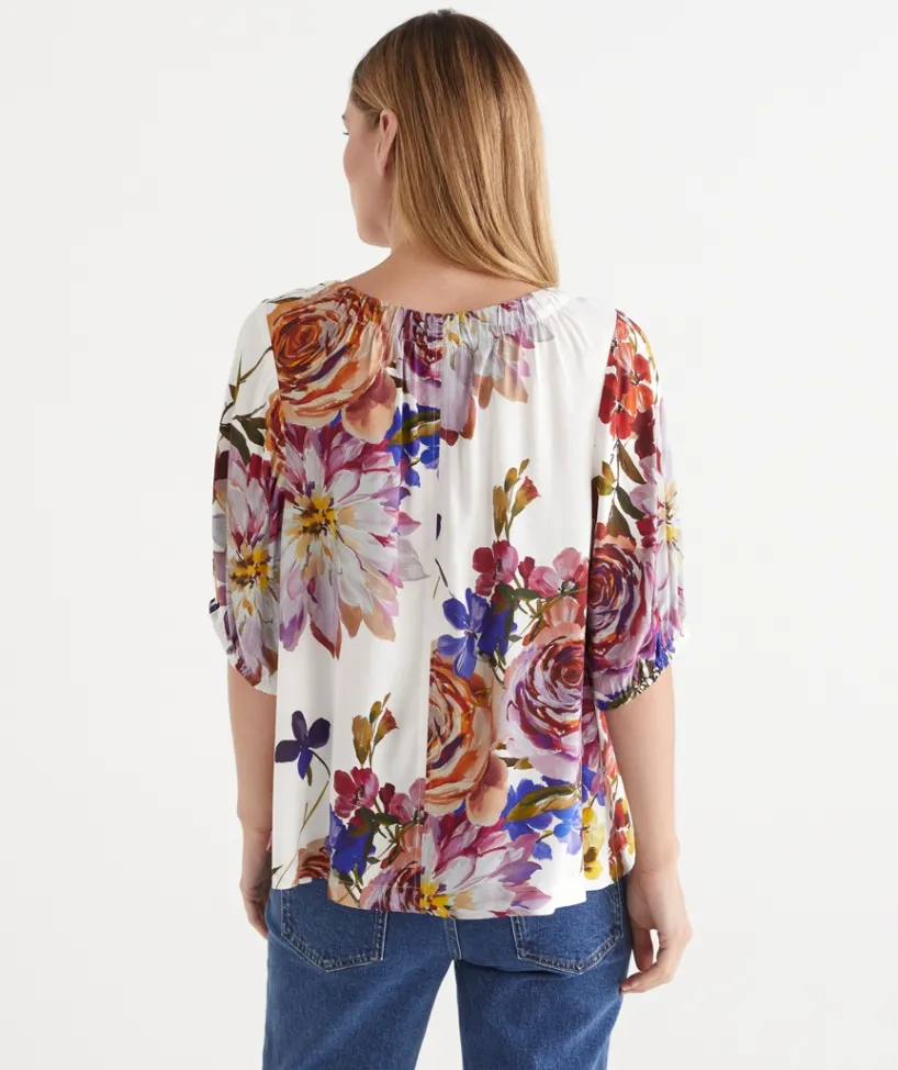 Sussan Tops>Floral Bloom V Neck Ruched Top