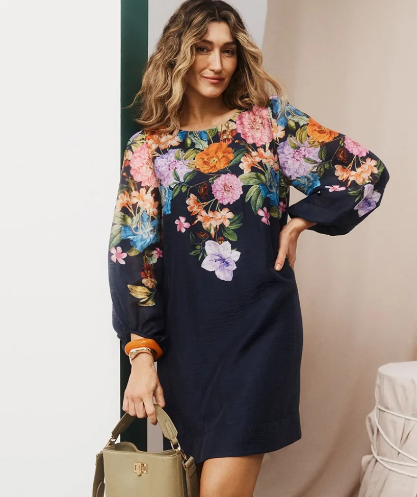 Sussan Dresses>Floral Botanical Long Sleeve Shift Dress