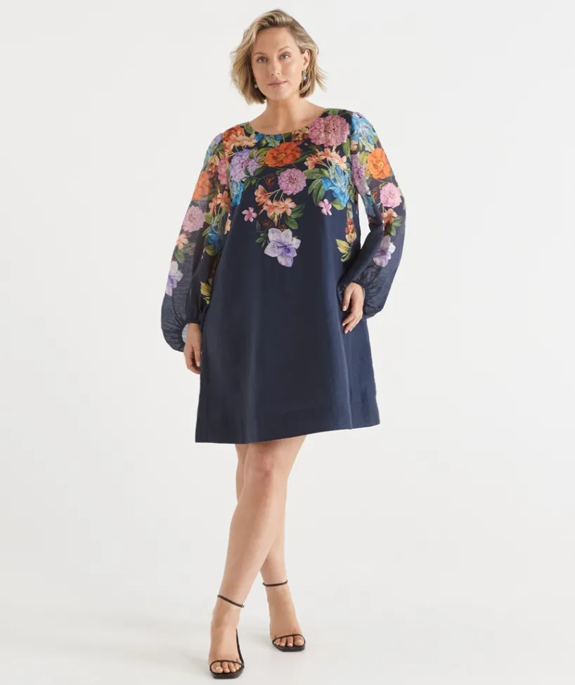 Sussan Dresses>Floral Botanical Long Sleeve Shift Dress