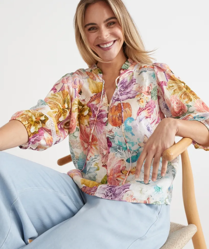 Sussan Tops|Shirts & Blouses>Floral Brights Trim Neck 3/4 Sleeve Linen Top