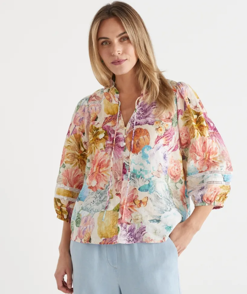 Sussan Tops|Shirts & Blouses>Floral Brights Trim Neck 3/4 Sleeve Linen Top