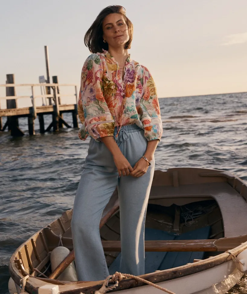 Sussan Tops|Shirts & Blouses>Floral Brights Trim Neck 3/4 Sleeve Linen Top
