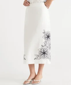 Sussan Matching Sets|Skirts>Floral Embroidered Column Skirt - White