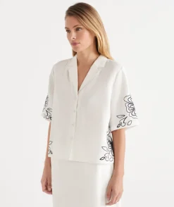 Sussan Matching Sets|Dresses>Floral Embroidered Short Sleeve Shirt - White