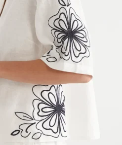Sussan Matching Sets|Dresses>Floral Embroidered Short Sleeve Shirt - White