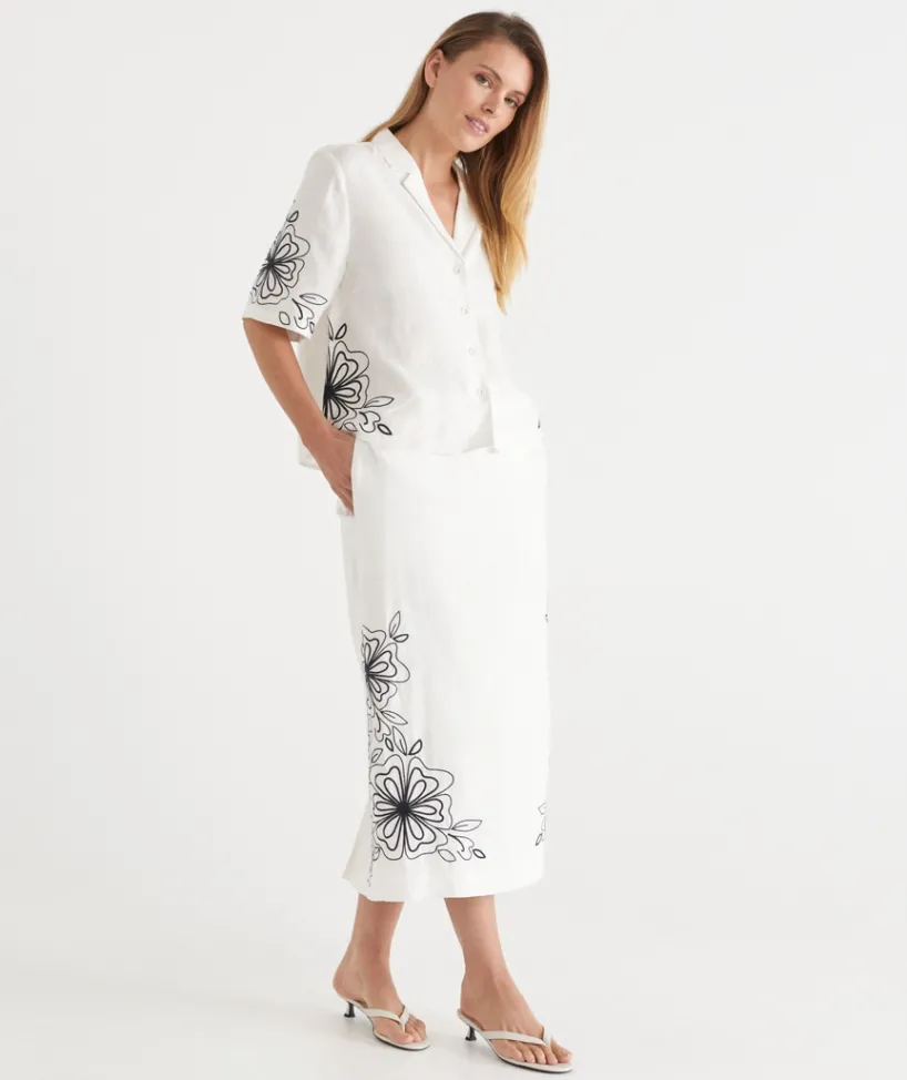 Sussan Matching Sets|Dresses>Floral Embroidered Short Sleeve Shirt - White
