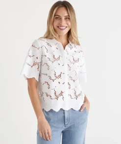 Sussan Tops|Shirts & Blouses>Floral Garden Broderie Short Sleeve Shirt