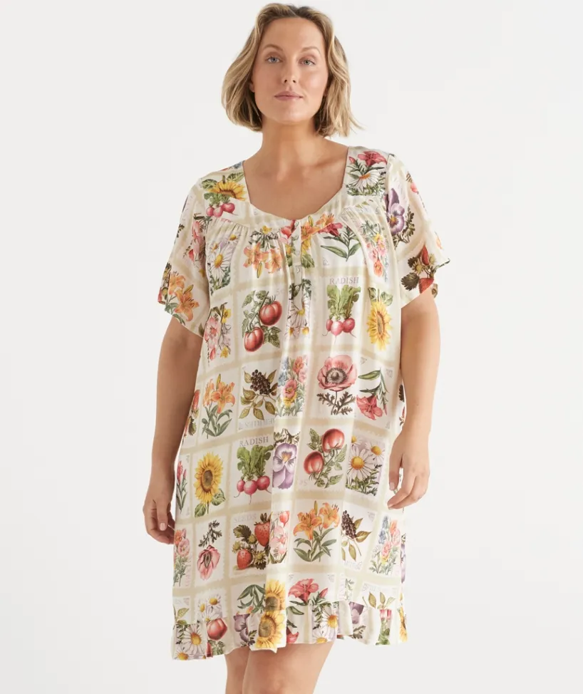 Sussan Nighties>Garden Stamp Print Short Sleeve Nightie