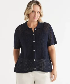 Sussan Tops|Matching Sets>Knit Pointelle Polo Top