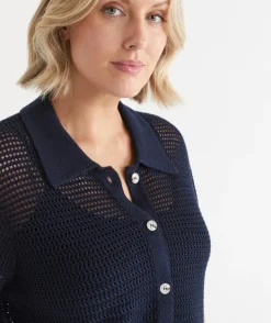 Sussan Tops|Matching Sets>Knit Pointelle Polo Top