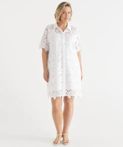 Sussan Dresses>Lace Short Sleeve Shirt Dress