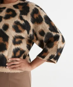 Sussan Tops|Knitwear>Leopard Print 3/4 Sleeve Knit Top