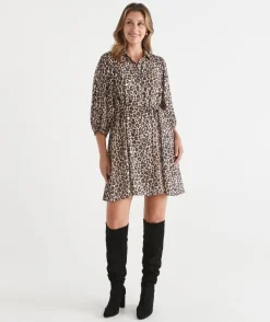 Sussan Dresses>Leopard Print Belted Midi Shirt Dress