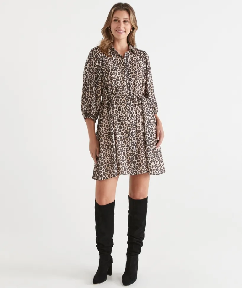 Sussan Dresses>Leopard Print Belted Midi Shirt Dress