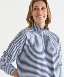 Sussan Tops|Loungewear>Lightweight Quarter-Zip Jumper - Blue Stripe