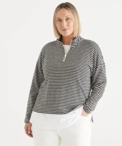 Sussan Tops|T-Shirts>Lightweight Quarter-Zip Jumper - Black Stripe