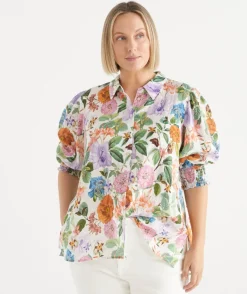 Sussan Tops|Matching Sets>Linen Floral Botanical 3/4 Sleeve Shirt