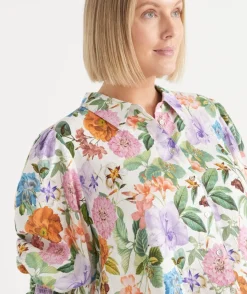 Sussan Tops|Matching Sets>Linen Floral Botanical 3/4 Sleeve Shirt
