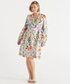 Sussan Dresses>Linen Floral Botanical Long Sleeve Dress