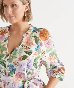 Sussan Dresses>Linen Floral Botanical Long Sleeve Dress