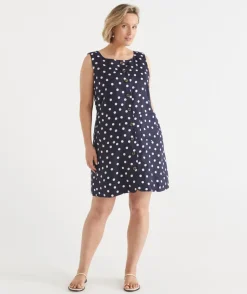 Sussan Dresses>Linen Polka Dot Sleeveless Dress