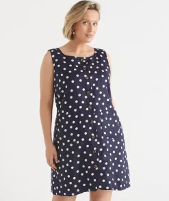 Sussan Dresses>Linen Polka Dot Sleeveless Dress
