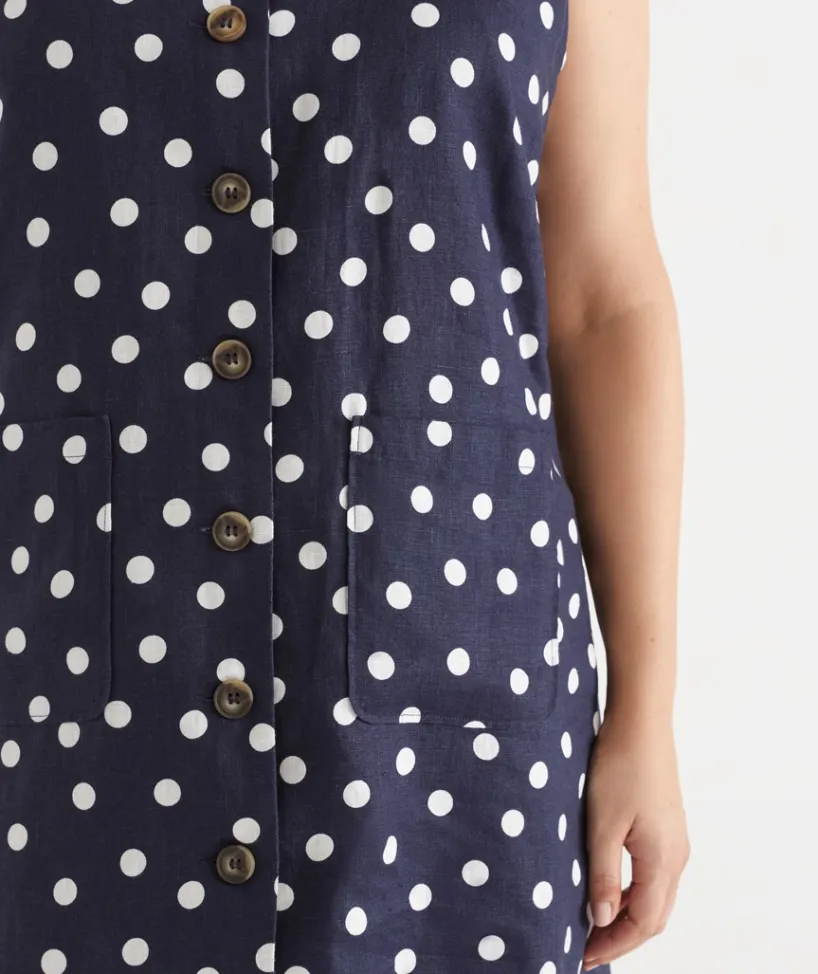 Sussan Dresses>Linen Polka Dot Sleeveless Dress