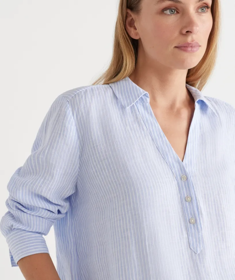 Sussan Tops|Shirts & Blouses>LINEN SPLIT BACK STRIPED SHIRT