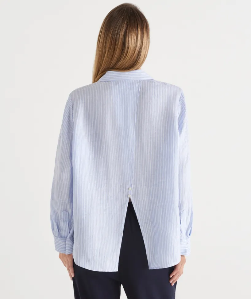Sussan Tops|Shirts & Blouses>LINEN SPLIT BACK STRIPED SHIRT
