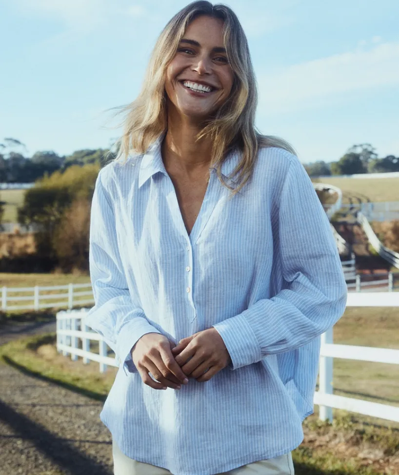 Sussan Tops|Shirts & Blouses>LINEN SPLIT BACK STRIPED SHIRT