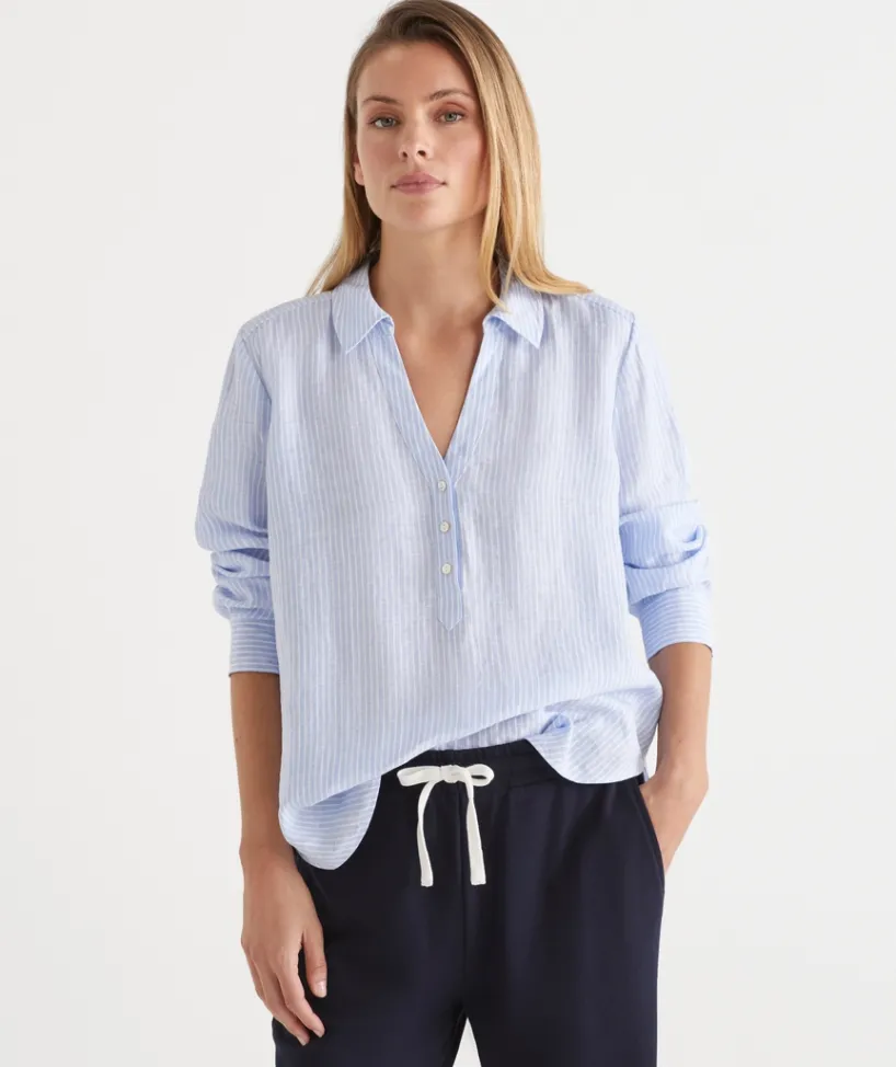 Sussan Tops|Shirts & Blouses>LINEN SPLIT BACK STRIPED SHIRT