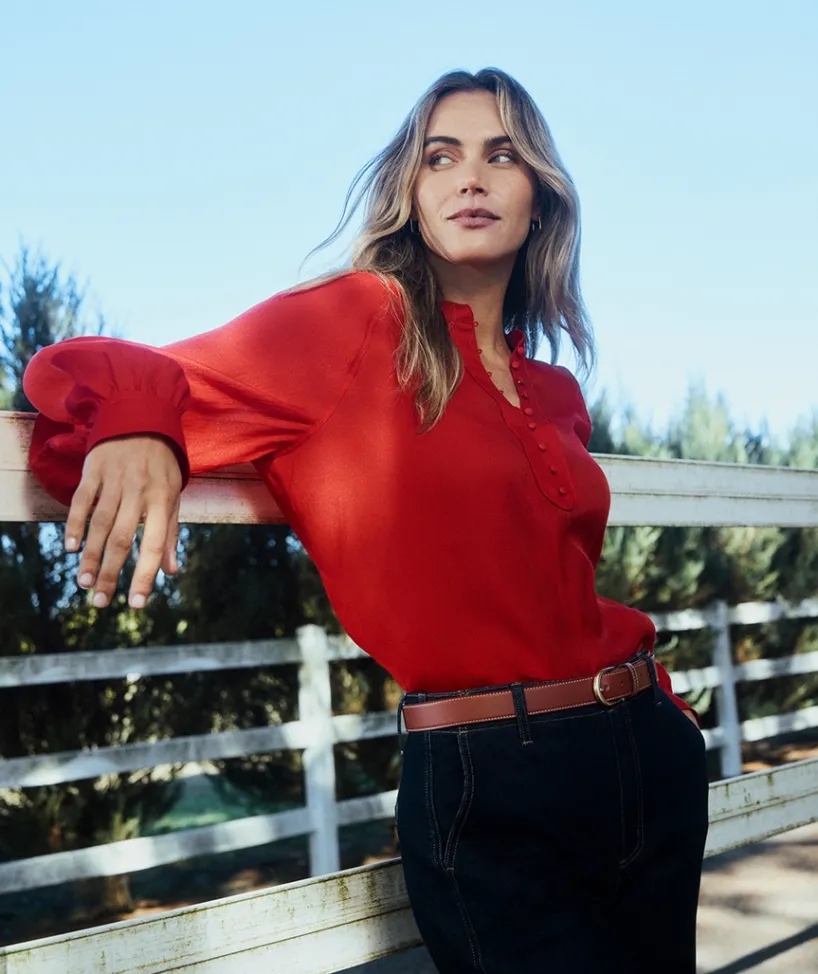 Sussan Tops|Shirts & Blouses>Long Sleeve Button Detail Blouse - Red