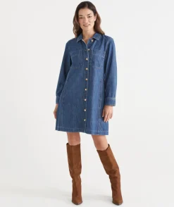 Sussan Dresses|Denim>Long Sleeve Denim Button Up Dress