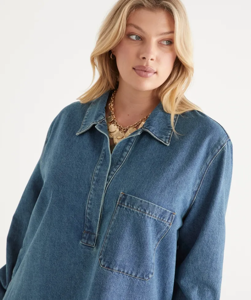 Sussan Tops|Shirts & Blouses>Long Sleeve Denim Popover Shirt