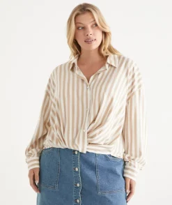 Sussan Tops|Shirts & Blouses>Long Sleeve Front Knot Stripe Shirt